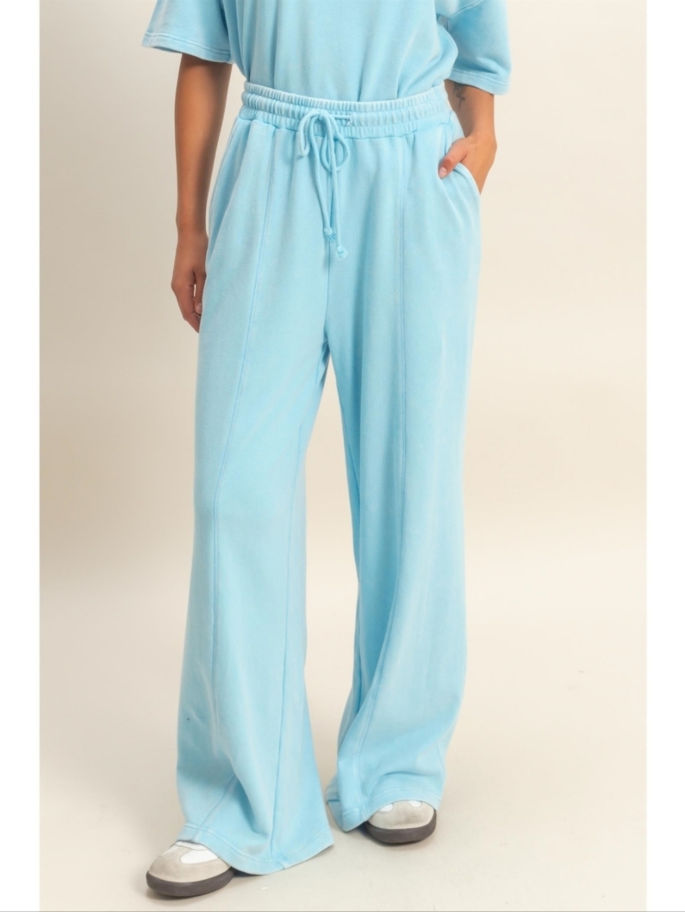 Double Zero Blue Cotton Blend French Terry Wide Leg Acid Wash Joggers